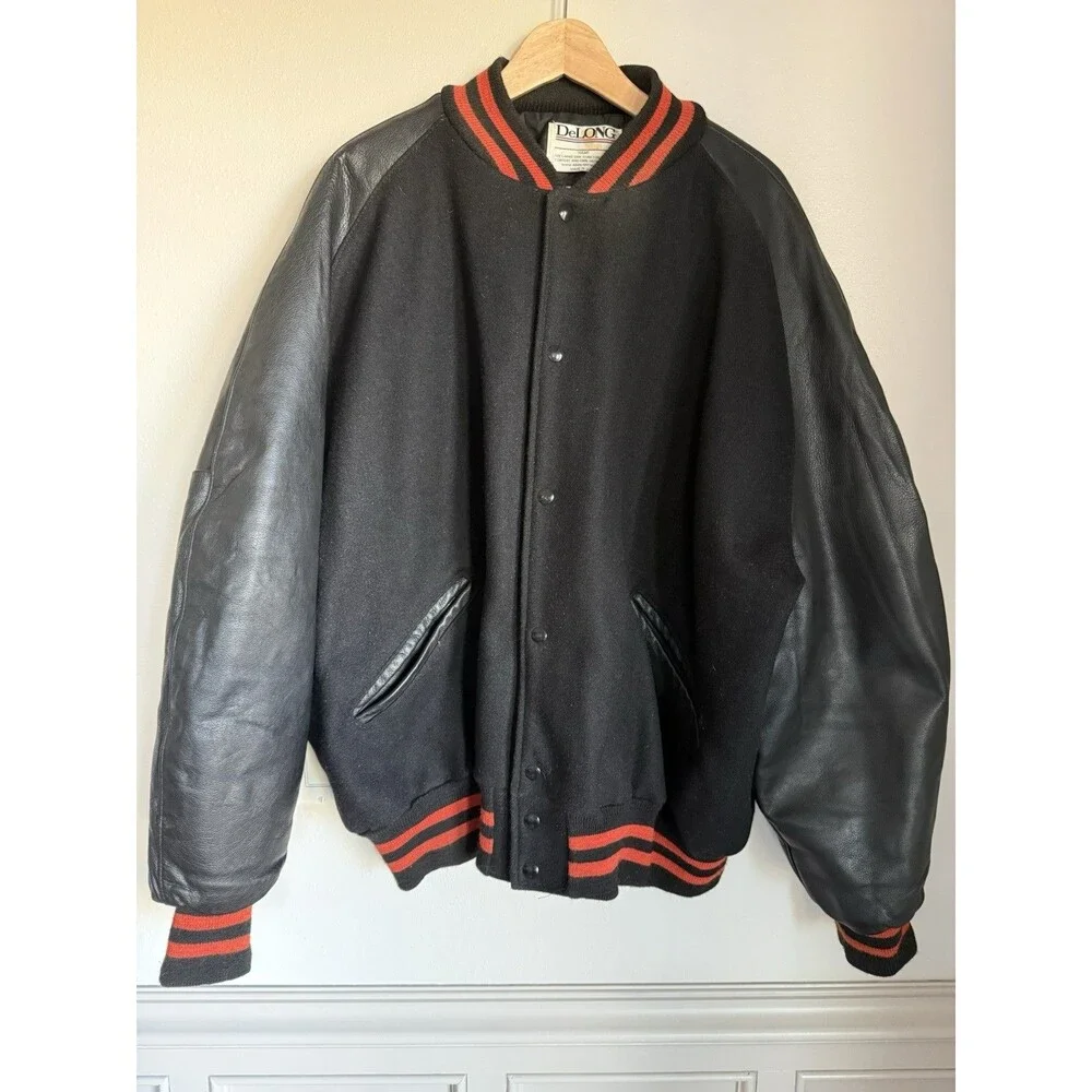 Vintage DeLONG Varsity Jacket 3XL Black Red Leather Sleeves USA Made - Picture 1 of 6